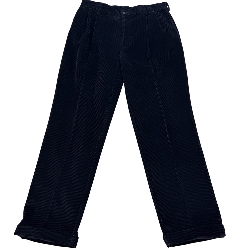 Vintage Jos A Bank Colorfast Corduroy Pants Men 36x32 Black Pleated Cuffed Macau